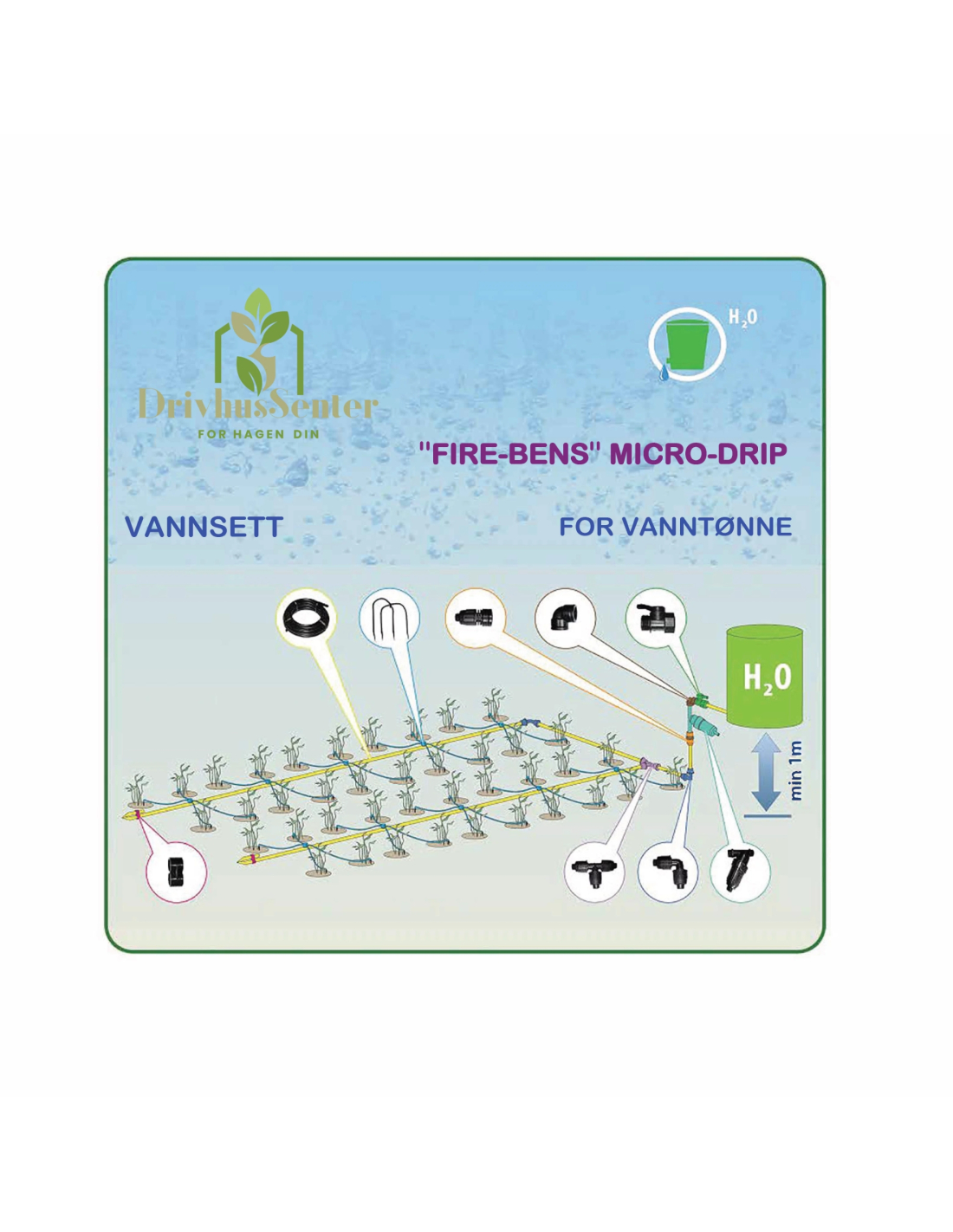 Micro-Drip vanningssystem “Fire-Bens” 10m for vanntønne