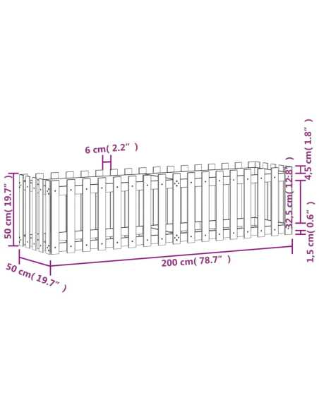 Plantekasse med gjerdedesign 200x50x50 cm heltre furu