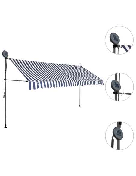 Markise manuell uttrekkbar med LED 350cm blå og hvit