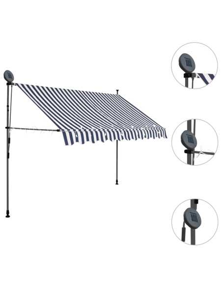 Markise manuell uttrekkbar med LED 250cm blå og hvit
