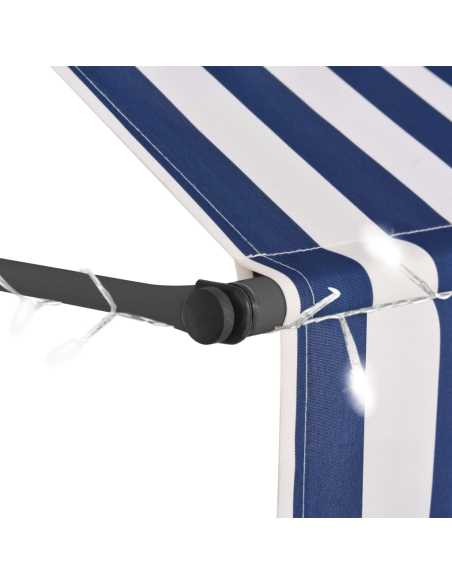 Markise manuell uttrekkbar med LED 250cm blå og hvit