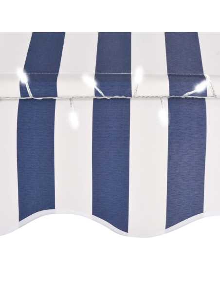 Markise manuell uttrekkbar med LED 250cm blå og hvit