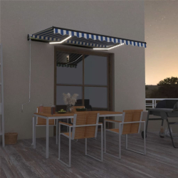 Markise manuell uttrekkbar med LED 350x250cm blå og hvit
