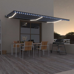 Markise automatisk med vindsensor og LED 600x300cm blå og hvit