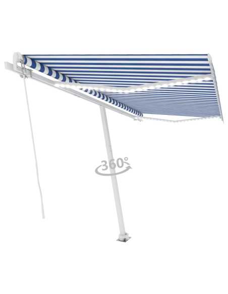 Markise manuell uttrekkbar med LED 400x350cm blå og hvit