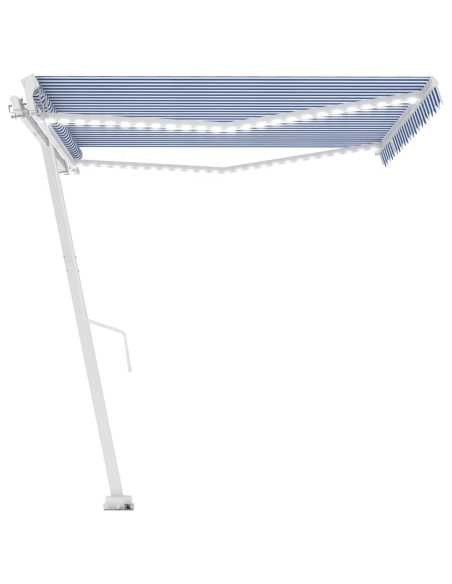 Markise manuell uttrekkbar med LED 400x350cm blå og hvit