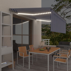 Markise manuell uttrekkbar rullegardin og LED 4,5x3m blå hvit